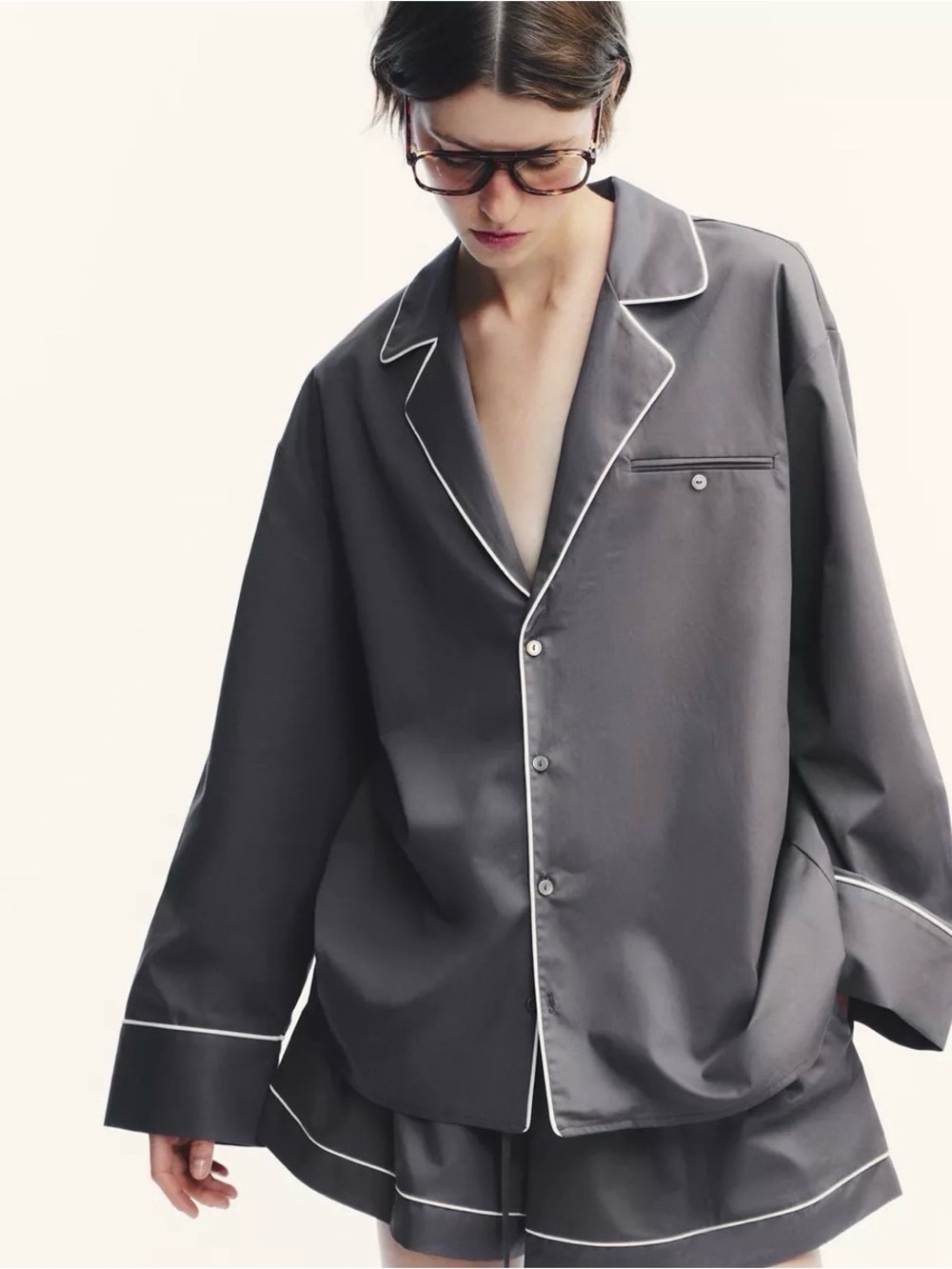 Zara Gray Button-Front Lightweight Shirt Jacket with White Piping